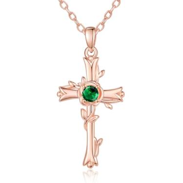 Imagem de SilvecFantasy Colar com pingente de cruz rosa para mulheres, colar de pedra do mês de nascimento da fé em ouro rosa, presente de aniversário de batismo na igreja para mãe, esposa, namorada, 1.26