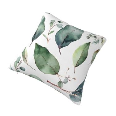 Imagem de Almofada quadrada decorativa com estampa verde de folhas de eucalipto - Design reversível, zíper oculto, poliéster macio para sofá, cama e carro - Hipoalergênico 66 cm x 66 cm