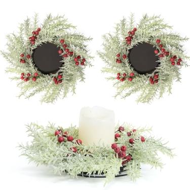 Imagem de Fuxdre 2 peças de guirlandas de vela de Natal, guirlanda de vela flocada de 25 cm com bagas artificiais de alecrim, suporte de vela de Natal para decoração interna para casa cozinha mesa centros de