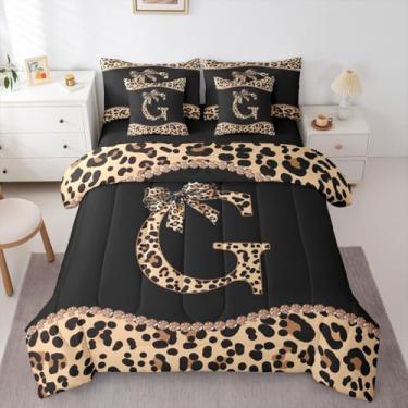 Imagem de Conjunto de edredom solteiro com letra G e laço de chita africana - Conjunto de cama de 7 peças com estampa de leopardo, para meninas, mulheres e adultos, moderno, com laço coquete, leopardo, guepardo