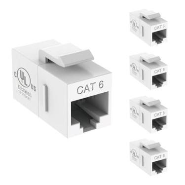 Imagem de Tecmojo Acoplador Keystone Cat6 listado na UL, conector Ethernet RJ45 de 10 Gbps, fêmea para fêmea, design fino para painéis de remendo e placas de parede, branco (pacote com 5)