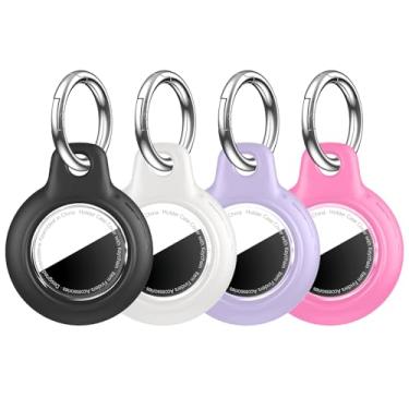 Imagem de MOLOSLEEVE Pacote com 4 unidades à prova d'água para suporte de AirTag, capa de AirTag com chaveiro, policarbonato rígido + TPU à prova de choque e resistente a arranhões para AirTags, preto/branco