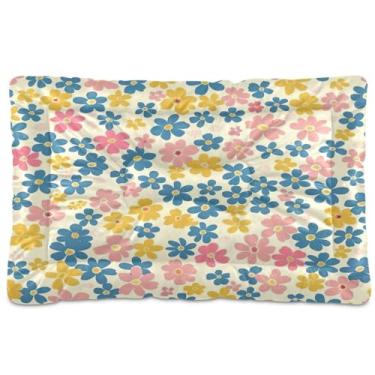 Imagem de Wassud Cama de cachorro com flores azuis amarelas para cães pequenas, tapete lavável para animais de estimação, cama de gato para dormir, viagens, 45 x 61 cm