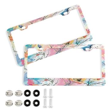 Imagem de Wassud Moldura de placa de licença de folhas de aquarela com parafusos, 2 pacotes de molduras decorativas de etiqueta de carro de alumínio, acessórios universais de carro para mulheres e homens