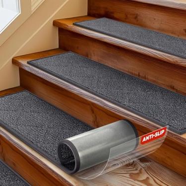 Imagem de MBIGM 20,32 cm x 76,2 cm Tapete de escada (pacote com 15) – Tapete de segurança antiderrapante com pelúcia macia confortável – corredor interno antiderrapante para crianças, idosos e animais de estimação – adesivo reutilizável – cinza escuro