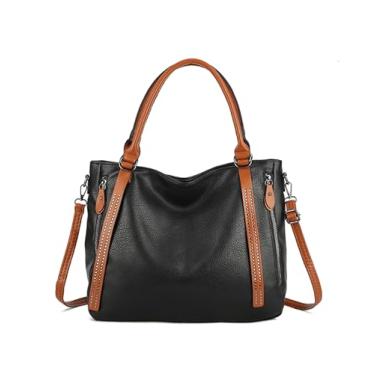 Imagem de myfriday Bolsa vintage despojada para mulheres, bolsa de ombro grande de couro vegano Hobo com alça ajustável, Preto