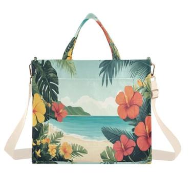 Imagem de Burbuja Sacola feminina com flores de praia exóticas e plantas de veludo cotelê, bolsa tiracolo para compras, trabalho, viagem, P, B378, Medium