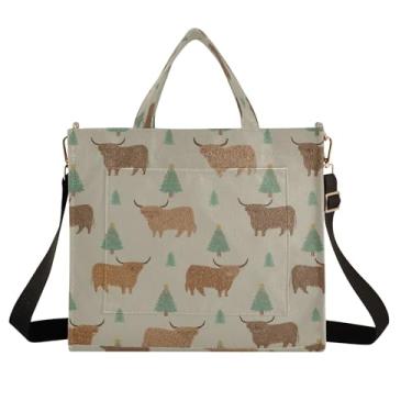 Imagem de Burbuja Sacola feminina de Natal Highland Cows, bolsa tiracolo de veludo cotelê, bolsa tiracolo para compras, trabalho, viagens, C28, Medium