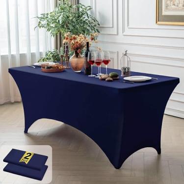 Imagem de FOLINS&HOME Pacote com 2 toalhas de mesa retangulares de 2,4 m azul marinho com elástico, lavável e resistente à água para mesas de 2,5 m, toalha de mesa elástica para casamentos, banquetes e festas