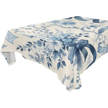 Imagem de Burbuja Toalha de mesa de flores com laço azul, toalha de mesa quadrada anti-rugas grossa para decoração de jantar, cozinha, festa, 152 x 152 cm