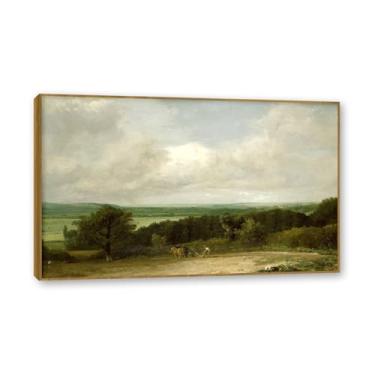 Imagem de Moldura de teca. Arte em tela romantismo estilo constável, (sem título 62), pintura de paisagem inglesa emoldurada, decoração de parede elegante para sala de estar escritório. 40 x 64 cm - 15,8 x 25,1