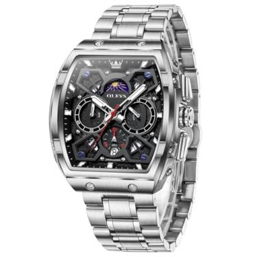 Imagem de OLEVS Relógios masculinos analógicos, quartzo, luxuoso, diamante, à prova d'água, cronógrafo, aço inoxidável, mostrador grande, quadrado, data, fase da lua, numerais romanos, relógio social masculino