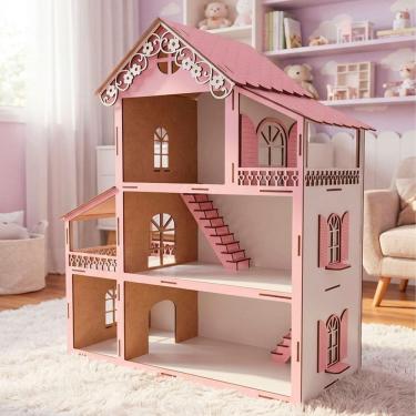 Imagem de Casinha Boneca Rosa Branco Miniatura MDF Polly Barbie 60cm