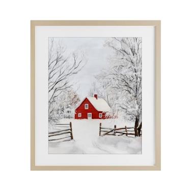 Imagem de Stupell Industries "Red Farmhouse in Snow", Impressão emoldurada sob vidro, marrom, 13 x 16