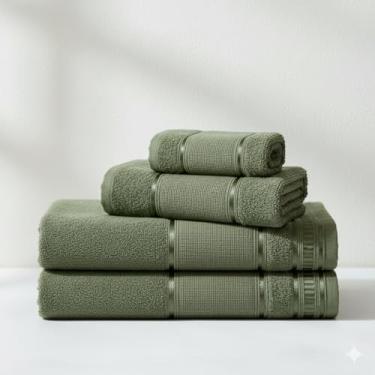 Imagem de Kit Toalha de Banho e Rosto 4 Pçs 100% Algodão 290 g/m2 Hipoalergênica - Barra Decoratica, Luxo, Toque Macio e alta absorção - Verde