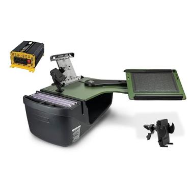 Imagem de AutoExec Reach Desk Banco traseiro lado esquerdo para sua estação de trabalho de veículo e escritório móvel, verde exército, com inversor de potência de 400 watts, suporte para telefone, suporte para