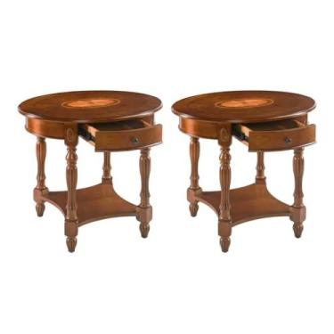 Imagem de BAXMUY Conjunto de 2 mesas ovais de madeira maciça com gaveta, mesa lateral de sofá de 71 cm, borda esculpida vintage, tampo estampado, mesa de destaque marrom caramelo para sala de estar e quarto