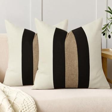 Imagem de QoBexim Conjunto de 2 capas de almofada decorativas de algodão e linho de 45,7 x 45,7 cm, bege e preto, decoração de casa de fazenda moderna para sofá, decoração de casa ao ar livre