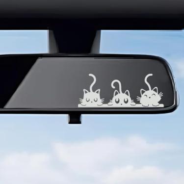 Imagem de 4 peças decalque de vinil espelho retrovisor de três gatos fofos, adesivo de acessórios de carro de gato fofo à prova d'água, decoração multiuso para banheiros e computadores (cinza)