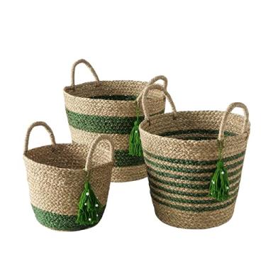 Imagem de Cestas de borla de vime, conjunto de 3, alças, fundos redondos e afunilados, bege com listras verdes, alga marinha, fio, ideal para armazenamento e plantas