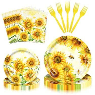 Imagem de PhyLence Conjunto de 100 peças de talheres de girassol - Pratos descartáveis de abelha, guardanapos e guardanapos amarelos para festas de aniversário, chás de bebê, piqueniques de jardim e celebrações