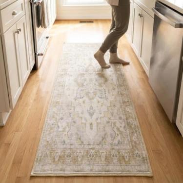 Imagem de Muddy Mat Tapetes laváveis champanhe de 0,6 m x 2,1 m para sala de estar, quarto e sala de jantar – Tapete moderno macio e antiderrapante – Tapetes dobráveis à prova d'água para animais de estimação