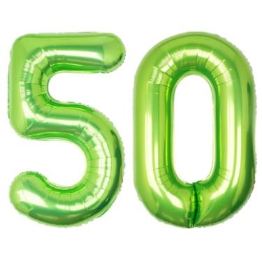 Imagem de SULALABOO Balão grande número 50 verde de 101 cm com número de hélio grande limão gigante digital 50th Foil Mylar balão grande para festa de aniversário de meninos decorações de formatura