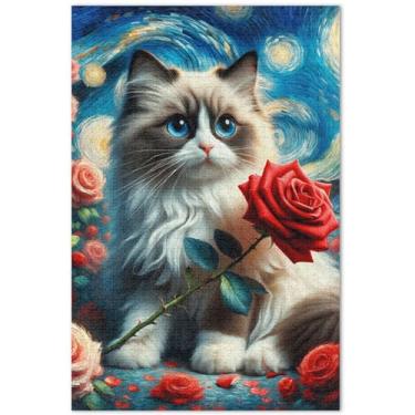 Imagem de Quebra-cabeça de gato noite estrelada flores rosas 500 peças para adultos divertido paisagem boba paisagem paisagem arte, 20,5 x 14,9 polegadas