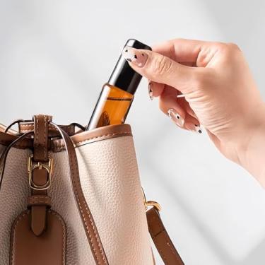 Imagem de 12 frascos de rolos de óleos essenciais de 10 ml, garrafa vazia com esferas de aço inoxidável, conjunto de garrafas de vidro âmbar recarregáveis com abridor de tampas pretas e rótulo de pipeta