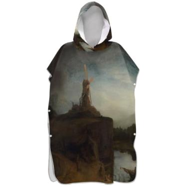 Imagem de Joisal Poncho de surfe com pintura de moinho estético para adulto, roupão de banho, toalhas com capuz, plus size, ponchos femininos com capuz
