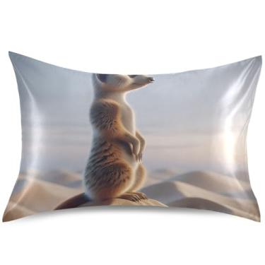 Imagem de Meerkat Capa de almofada de cetim animal fofo King Queen Capa de travesseiro padrão fofa refrescante para pele com acne, tamanho padrão, 66 cm x 50 cm