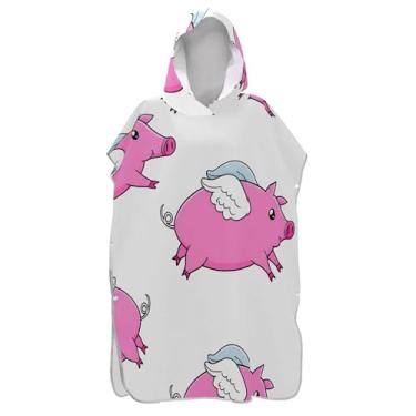 Imagem de TSENQUE Poncho de surfe plus size para adultos trocador de roupa de praia com capuz toalha de natação bonito desenho animado porcos rosa homens mulheres poncho com capuz