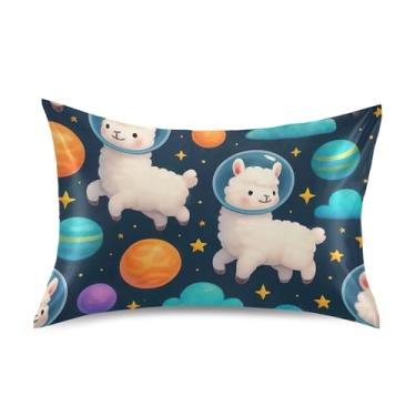 Imagem de Travesseiros padrão Queen King Cute Lhamas Astronauta Azul Cetim Fronha Engraçada Estampa Bonita Refrescante Conforto Macio Travesseiro King Size 101,6 cm x 50,8 cm
