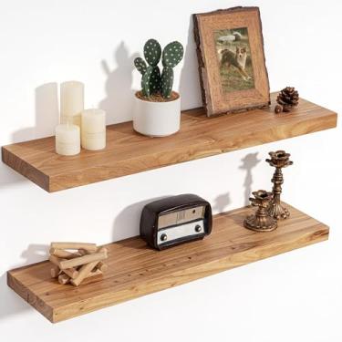 Imagem de Prateleiras flutuantes para decoração de parede, prateleiras flutuantes de madeira sólida rústica de olmo de 20 cm de profundidade, prateleiras de parede com suporte invisível para sala de estar