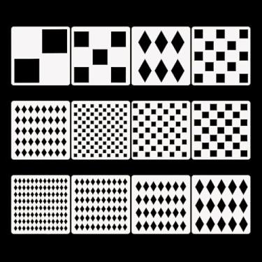 Imagem de 12 peças de estênceis de diamante e tabuleiro de xadrez para pintura, modelos reutilizáveis de padrão de arlequim em madeira, parede, azulejo, tecido, móveis, decoração de casa de artesanato DIY (15