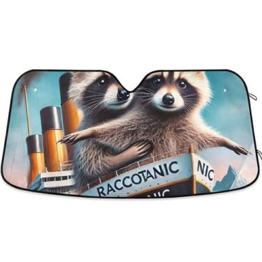 Imagem de Cute Raccoon Titanic Print Custom Car Sun Shade Para-brisa Acessórios de carro Dobráveis Persianas de Janela Para-brisa Frontal Retrátil M, 139.7 cm x 70.1 cm