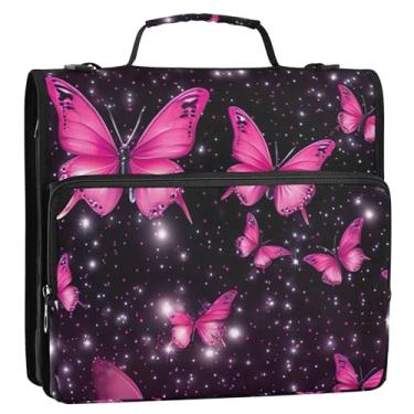 Imagem de Fichários de 3,8 cm, 3 anéis, resistente, moderno, borboleta, floral, rosa, organizador de fichários escolares com alça de ombro, durável, suporte para 500 folhas