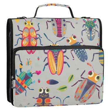 Imagem de Fichários de 3 anéis com estampa de besouros coloridos de 3,8 cm, anel D, fichário com zíper, fichário com alça, bolsa escolar de desenho animado, vários bolsos, pasta grande para portfólio