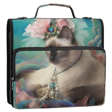 Imagem de Fichários com 3 anéis de 3 anéis, design de gato siamês, resistente, fichário com zíper, fichário organizador com alça, bolsa escolar colorida, estojo de armazenamento com alça