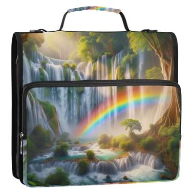 Imagem de Fichário de 3 anéis de 3 anéis resistente arco-íris cachoeira organizador com zíper bolsa de fichário escolar com alça profissional multi bolsos pasta grande portfólio