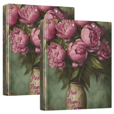 Imagem de Vaso floral de peônia rosa vintage personalizado, fichários de 3 cm, 3 anéis, 200 folhas, fichário de escritório, 31,5 x 27 x 6 cm, pacote com 2