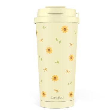 Imagem de SANDJEST Copo de café com tampa 2 em 1 de aço inoxidável girassol 510 g, caneca de viagem com isolamento floral presente para mulheres meninas amigas, ideia de presente para aniversário e Natal