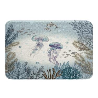 Imagem de Erosebridal Tapete de banho com água-viva oceânica, 40,6 cm x 61 cm, azul-petróleo, mar, costeiro, tapete de casa de banho, animal subaquático, para crianças, meninos, meninas, recifes de corais,