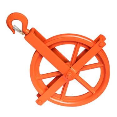 Imagem de Bloco de polia fixo resistente de grau industrial, polia de elevação laranja com gancho de segurança para aplicações de equipamento, construção e manuseio de materiais de armazém