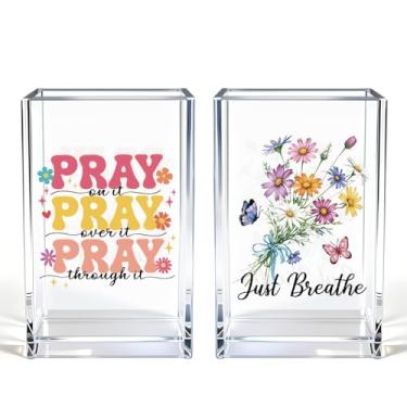 Imagem de Vgrti Just Breathe – Pacote com 2 porta-canetas de acrílico cosmético, suporte organizador de pincéis de maquiagem inspirador, presentes de fé para mulheres, presentes de incentivo cristão para
