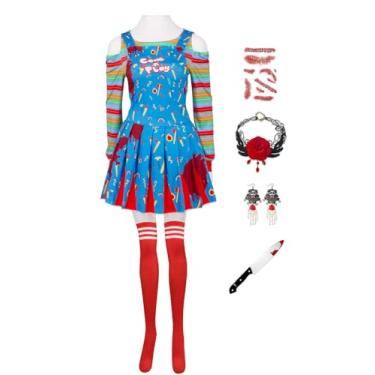 Imagem de Kaziuoi Chucky Costume for Women Rainbow Stripe Shirt Overalls Outfits 7PCS Halloween Scary Cosplay Suit (Blue, X-Small)