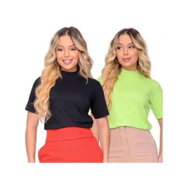 Imagem de KIT 2 Blusa Manga Curta Gola Alta Malha Ribana Canelada Feminina - Aud