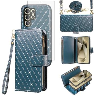 Imagem de Capa carteira compatível com Samsung Galaxy S24 Ultra 5G com zíper para celular e protetor de tela, alça transversal com glitter, suporte para cartões, capa para celular S24Ultra 24S S 24 24Ultra
