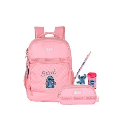 Imagem de Kit Mochila Stitch De Costas E Estojo Triplo Escolar Rosa