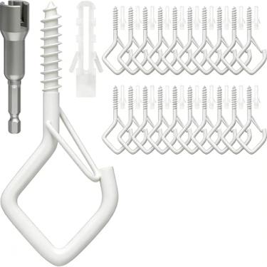 Imagem de 20 ganchos para pendurar com fivela de segurança, ganchos de teto rosqueados de metal, gancho de parafuso para pendurar plantas, sino de vento, alimentadores de pássaros, luzes de corda de Natal